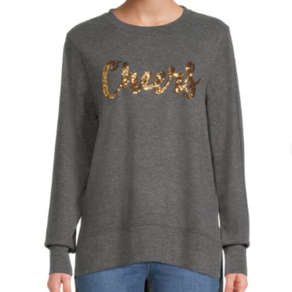 Holiday New Years Cheers Tunic Top Dark Gray Gold Crewneck Long Sleeve Large - Picture 1 of 13